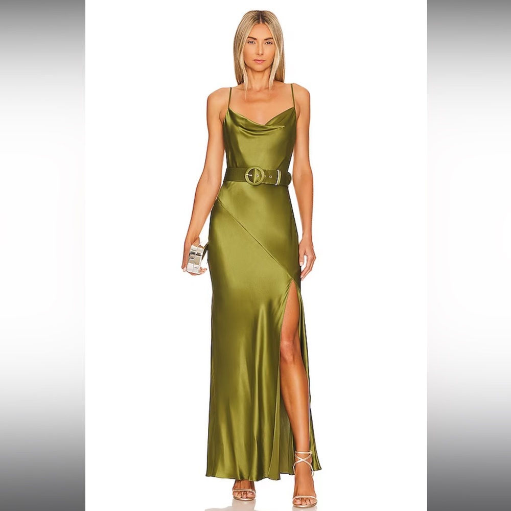 NICHOLAS Olive Green Satin Maxi Dress with Side Slit